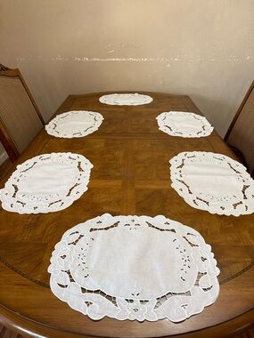 Elegant White Cutwork Linen Placemats - Set of 6